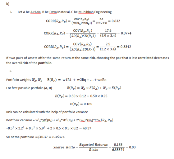 i. Let A be AirAsia, B be Daya Material, C be Muhibbah Engineering CORR(RA,R3) = 7 - COV(RARB) (SD(RA) SD(RB)) 1 = 0.632 (2.2