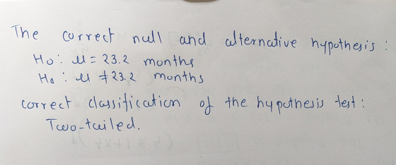 The alternative hypothesis : correct null and Hoi l = 23.2 months Ho : ll 23.2 months correct classification of the hypothesi