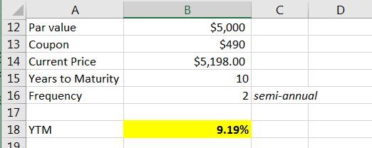 Α 12 Par value 13 Coupon 14 Current Price 15 Years to Maturity 16 Frequency $5,000 $490 $5,198.00 10 2 semi-annual 17 9.19% 1