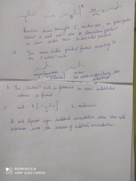 Ho Nhz Reaction onurs througth E mechanisms, as polar poo Solvent is used and also o elemination product is more stable than