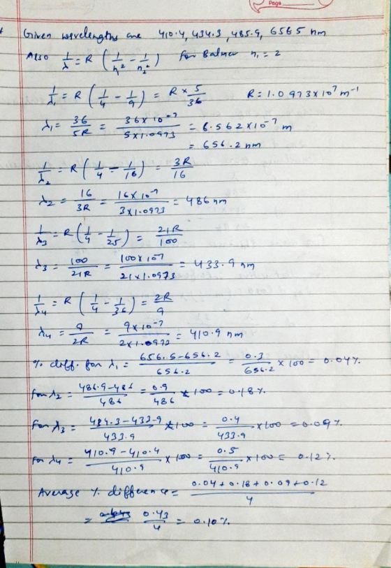 Page + Given werelengths ane 410.4, 434.3 485.9, 6565 nm for Balne Atso n, 2 AER ( 2 ) kor balner IER (7-6) - RECO R: 1.09734