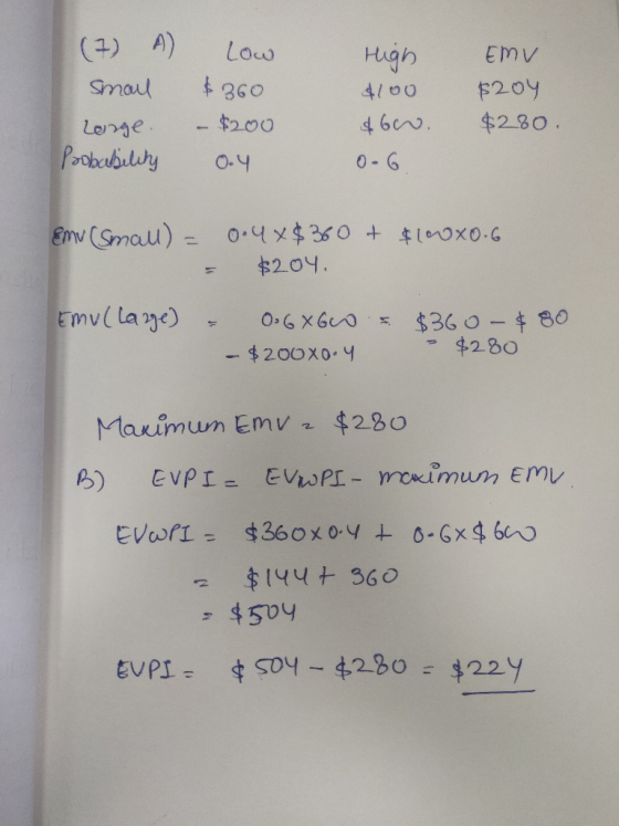 (7) A Smail Large Probability Low $360 - $200 0.4 High dloo &600 0-6 EMV $204 $280. Emu (Small) = 0.4x360 + 100x0.6 = $204. E