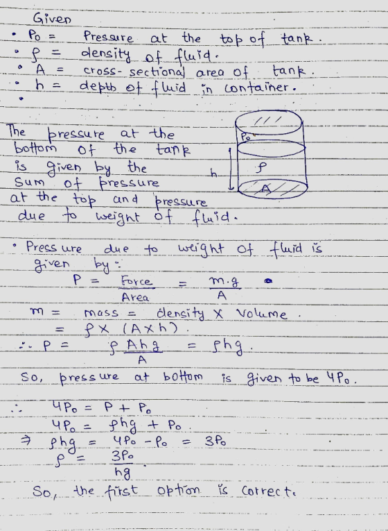 Given Po = - a Pressure at the top of tank. density of fluida cross- sectional area of tank. depth of fluid in container. = А