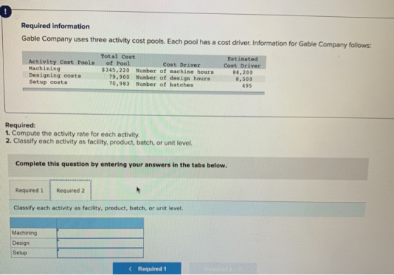 Required information Gable Company uses three activity cost pools. Each pool has a cost driver. Information for Gable Company