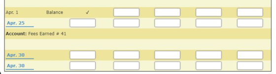 Apr. 1 Balance Apr. 25 Account: Fees Earned # 41 Apr. 30 Apr. 30