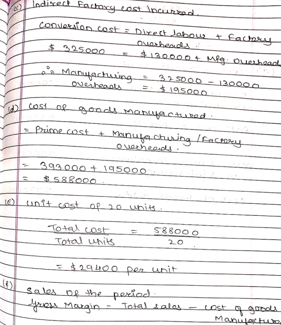 Indirect Factory cost. Inciszede conversion cost = Direct labour t factory $ 325000 _Overheaves. = $130000 + mpy. Overhead op