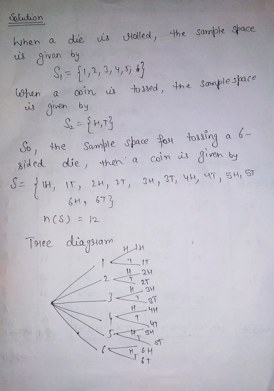 tossed, the sample space Solution When a die is Molled, the sample space is given by S; - {1,2,3,4,5,6 When coin is is given