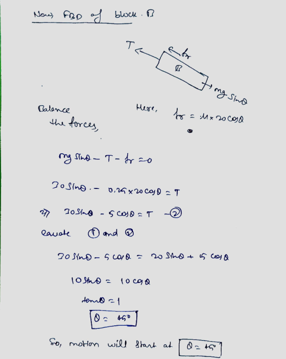 Now, FBD of block.B Ta set t ng sino Balance the forces, here, for = mx 20 cosa ng sino - Tafrao 2osino. - 0,29 x 20 cosa 1 7