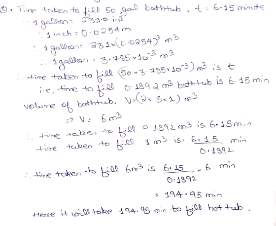 > O. Time taken to fill 50 gal bathtub += 6:15 minute 1 gallon= 2317 in : 1 inch=0.0254m Igellen231-(0.0254713 ..s gallons 3.