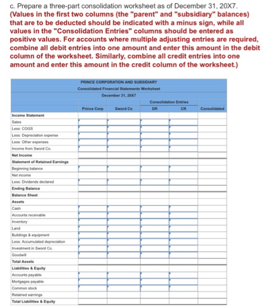 c. Prepare a three-part consolidation worksheet as of December 31, 20X7. (Values in the first two columns (the parent and