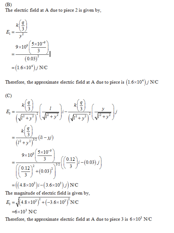 The electric field at A due to piece 2 is given by, 9x10 5x10-9 (0.03) (1.6x10*)jN/C Therefore, the approximate electric fiel