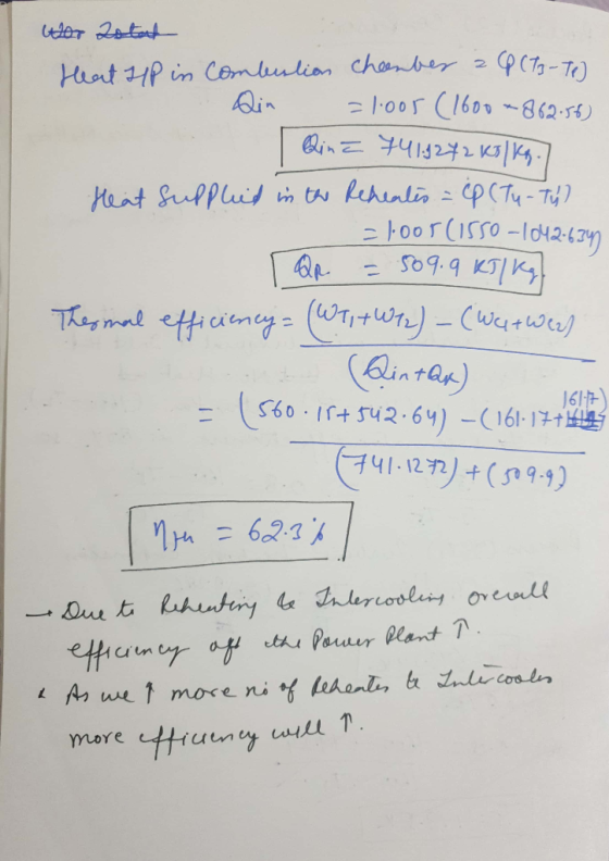 Wer stat Heat HP in Combustion chamber CQ (T3-Te Qin =1005 (1600*862:56) Rina 7418242 KJ/kg.) Heat supplied in the Repeates =