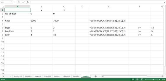 2 No of days 0 0 4 Cost 6000 7000 SUMPRODUCT(B4:C4,SB$2:$C$2) 6 High 7 Medium 8 Low 9 10 -SUMPRODUCT(B6C6,SB$2:$C$2) SUMPRODU