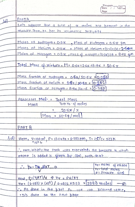 201 Tirupati. Date: Page: sal) PARTA Lets_suppose_that_e total of 3 moles are present in the mixture. Then, as_ber as volume