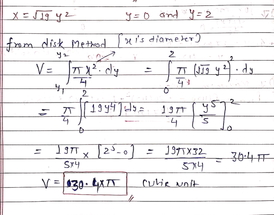 x=519 y z 2 y=0 and y = 2 from disk Method (nis diameter) 12 2 2 V= 2 dy Tl² dy 4 π (sig y 49 y 2. 1944 dya 5 IT 4 19 T -4 y