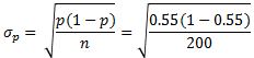 0,= |o«-2) – fa5(1. osa |p(1-p 0.55 (1 -0.55) 200 n