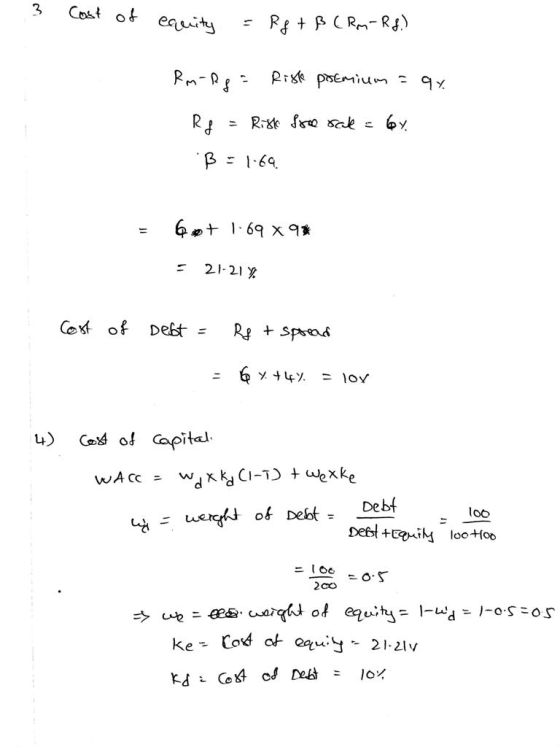 - 3 Cost of earity = Rg + ß (RM-R8.) Rm-2g = Risk premium = qy. Rg = Rist Ihoe rack = 6y. B = 1.69. = 6ot 1.69 x 9* = 21-21%