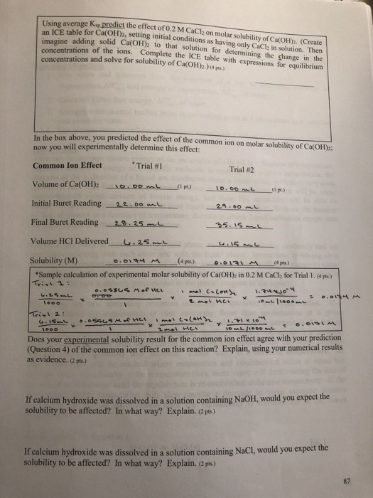 y average Ksp predict the effect of 0.2 M CaCl on molar solubility of Ca(OH)2. (Create CE table for Ca(OH)2, setting initial
