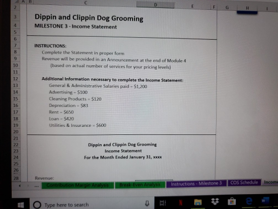 A B F G H Dippin and Clippin Dog Grooming MILESTONE 3 - Income Statement INSTRUCTIONS: Complete the Statement in proper form