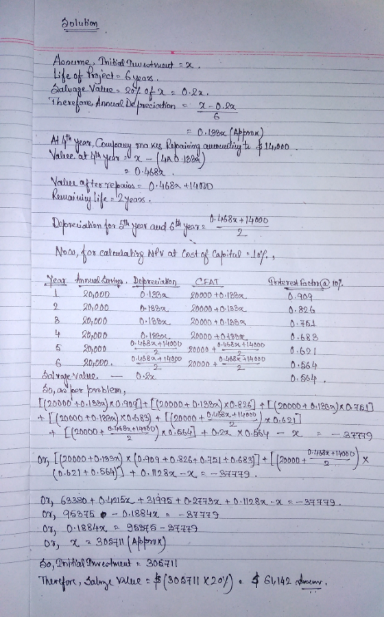 Solution Aroume, Initial Tweatment = x, Life of Project - 6year. Saluage Value> 20% of 0.2%. Therefore, Annual Depreciation -