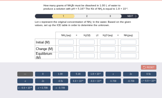How many grams of NH Br must be dissolved in 1.00 L of water to produce a solution with pH = 5.16? The Kb of NH, is equal to