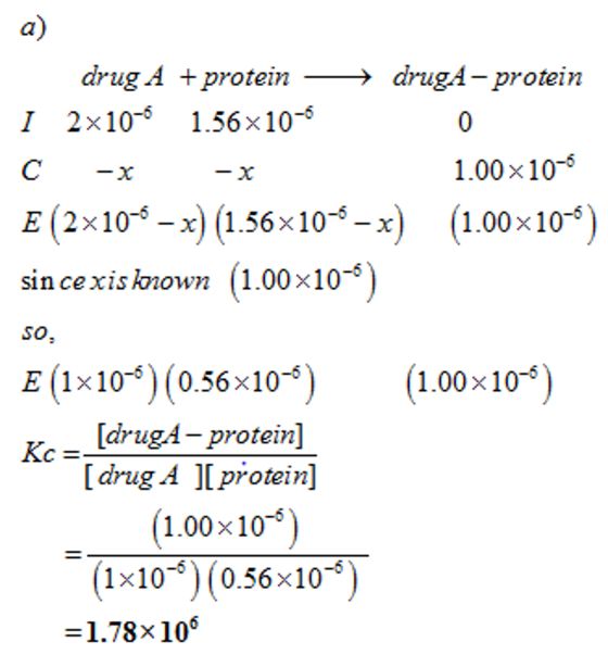 a) drug A +protein drugA -protein 1.00x10-5 (1.00x105) 1 2x10 1.56x10-5 E (2x109-x) (1.56x10-*-x sincexis nown 1.00x10 SO E (