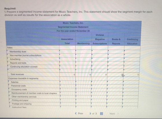 Required: 1. Prepare a segmented income statement for Music Teachers, Inc. This statement should show the segment margin for