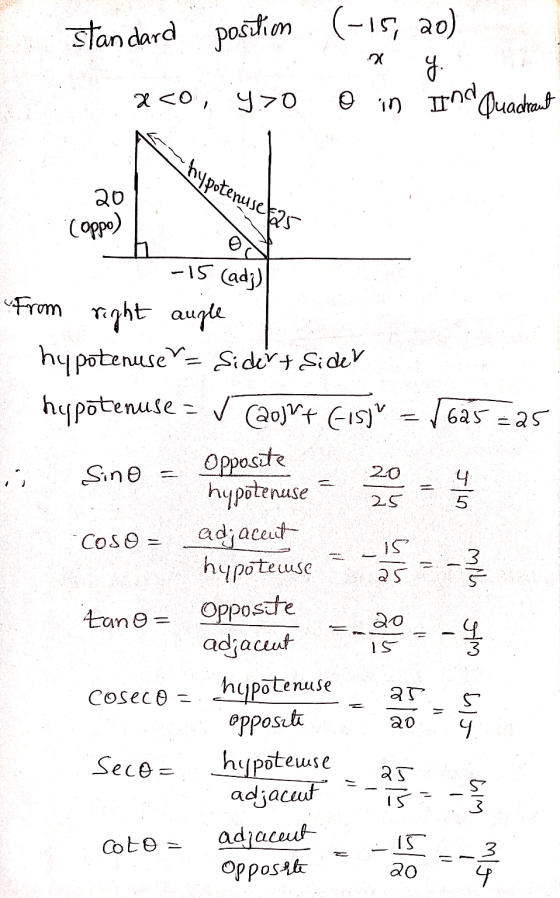 in In Quachraut standard position (-15, 20) y . # <O, 9.70 - hypotenusek25 20 Coppo) -15 (adj) From right angle 1625=25 . 20