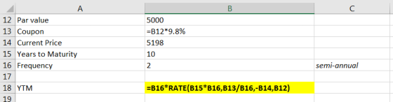 B 12 Par value 13 Coupon 14 Current Price 15 Years to Maturity 16 Frequency 17 18 YTM 5000 =B12*9.8% 5198 10 semi-annual =B16