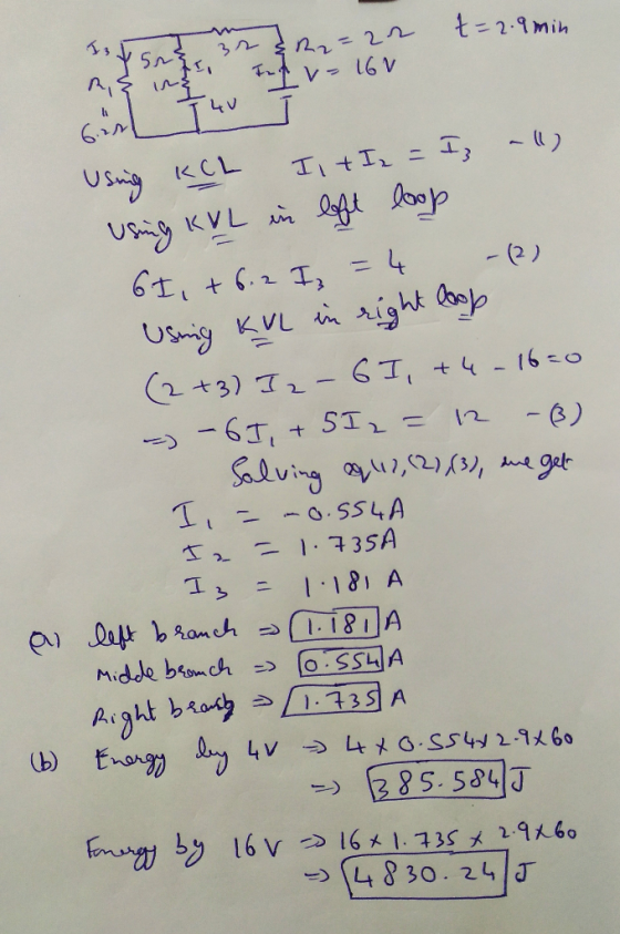 t=2.9 min R,& in all) Using R2=22 Iz ing Iv- 16v bür Thu KCL Ist I = Is Using KVL in lift loop 61, +6.2 Iz = 4 Usning KVL in