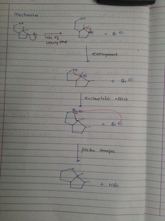 mechanism: OH OH Do Br + Bro Loss of bearing group rearrangement + Bro Nucleophilic attack + Bro proton transfer + HBY