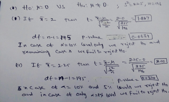 2- 0 225 Ho: M=0 3²-225, n=194 Hail to V. (1) It 5=2 than t he 200 es -(1.867 df = n-1=895 p-value (0.0634 . In case of xaloy