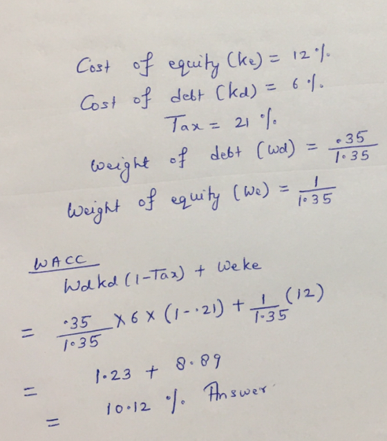 Cost of equity (ke) = 12 % Cost of debt (ka) = 6% Tax= 21% weight of debt (wa) = 135 weight of equity (We) = 10 15 WA CC Walk