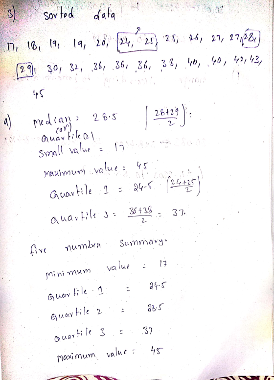 Quartile : 3 ) sorted data 2 17, 18, 18, 192 19, 20, 24, 25, 25, 26, 27, 27, 28, (29, 30, 32, 36, 36, 36, 38, 49, 50, 42,43,