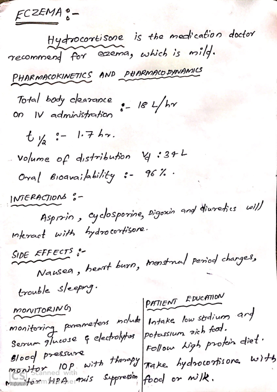 FCZEMA :- Hydrocortisone is the medication doctor recommend for eczema, which is mild. PHARMACOKINETICS AND PHARMACO DYNAMICS