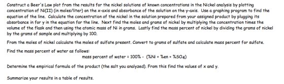 Construct a Beers Law plot from the results for the nickel solutions of known concentrations in the Nickel analysis by plott