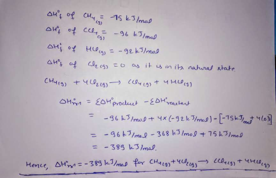 (9) ons of cohy 3 75 kJ / mal out of cely = -96 kJ/mol any of Hillegg = -92 kJ/mol ang of chig) = 0 as it is in its natural s
