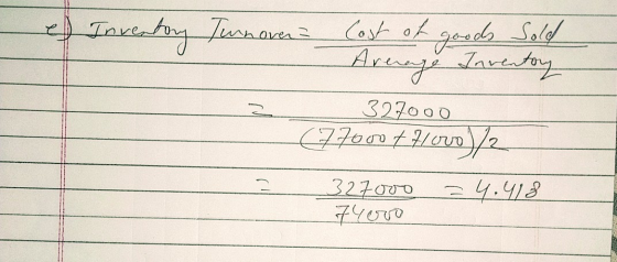 Inventory Turnover? Cost of goods Sold Arenage Inventory 327000 (77000 77/oro)/2 32700d 4.418 74ero >
