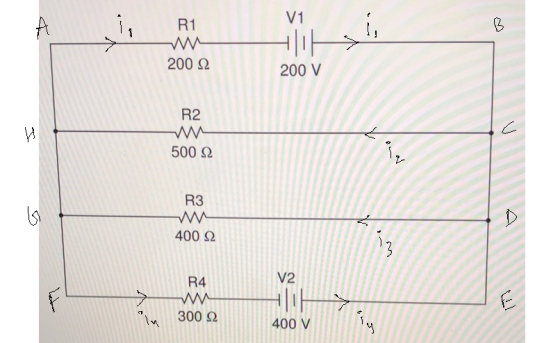 V1 R1 200 Ω 200 V R2 500 Ω R3 400 Ω R4 V2 in 300 Ω 400 V