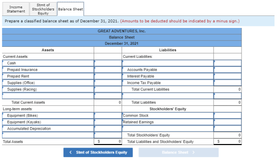 Income Statement Stmt of Stockholders Equity Balance Sheet Prepare a classified balance sheet as of December 31, 2021. (Amoun