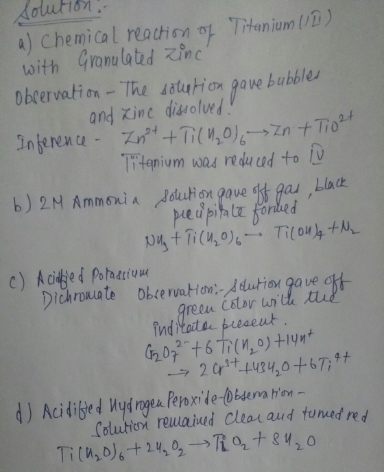lution a) Chemical reaton o Tanium() with Gramuated Zinc Dbcervation- The sotuthion pove buble and Xinc disolued Tritenium wa