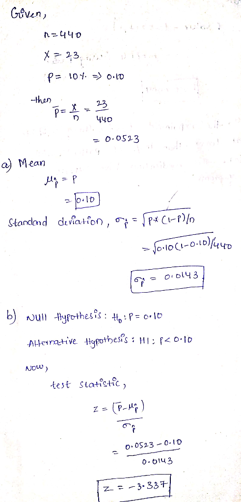 Given, n=440 X=23 P= 104. >> 0.10 then . . P = A=23 p= ŕ 440 S = 0.0523 a) Mean M =P 26.10 Standard deviation, or = P*(1-P)