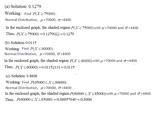 (a) Solution: 0.1279 Working: Find P(X2 75000). Normal Distribution, u =70000, 0 =4400 In the enclosed graph, the shaded regi