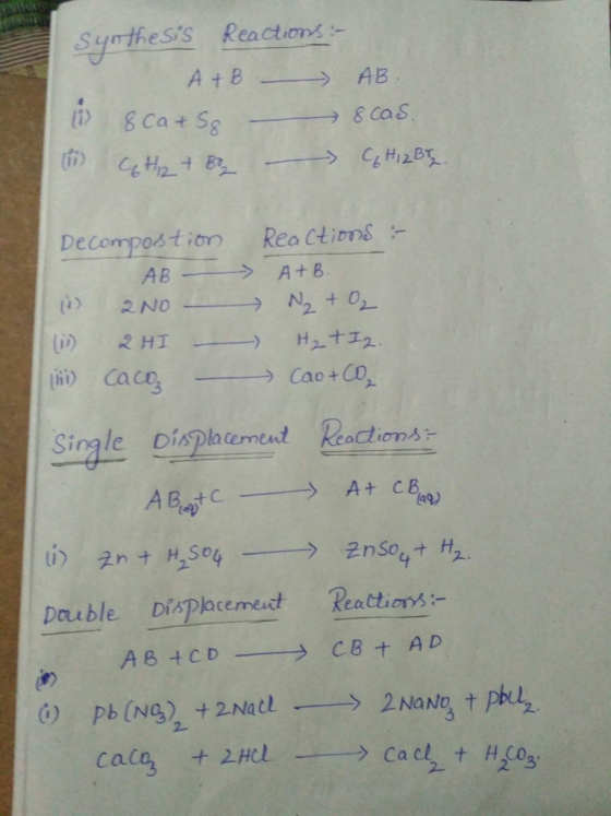 Symthess Reactions AtB -) AB Decompostion Rea Ctioms Single Displacement Reactioms (49 Dauble Displacemedt Reattions ABtCD う