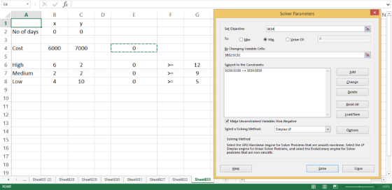 Solver Parameters Set Objective: 2 No of days 0 Min O Yalue O 4 Cost 6000 7000 By Changing Variable Cells: SBS2:SCS2 6 High 7