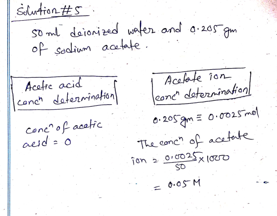 solution #5 so mi deionized water and 0.205.gm of sodium acetate .. Acetre acidi conch determinationſ conen of acetic acid =