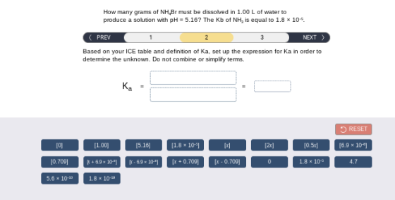 How many grams of NH Br must be dissolved in 1.00 L of water to produce a solution with pH = 5.16? The Kb of NH, is equal to