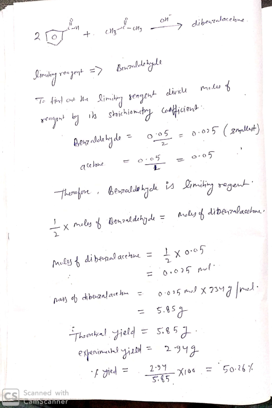 OM --> dibenzoacelone + 013-6-19 Loca hing rougent limiting roagent => Benzaldehyde To find out the limiting seagent diviche