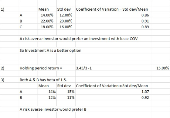 Mean 14.00% 22.00% 18.00% Std dev 12.00% 20.00% 16.00% Coefficient of Variation = Std dev/Mean 0.86 0.91 0.89 A risk averse i