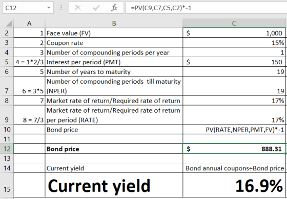 c12 : x =PV(C9,C7,C5,C2)*-1 1,000 15% 1/ $ 150 fix B 1 Face value (FV) 2 Coupon rate 3 Number of compounding periods per year